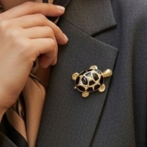 Gold Tone Black Enamel Turtle Brooch White Crystal Rhinestones